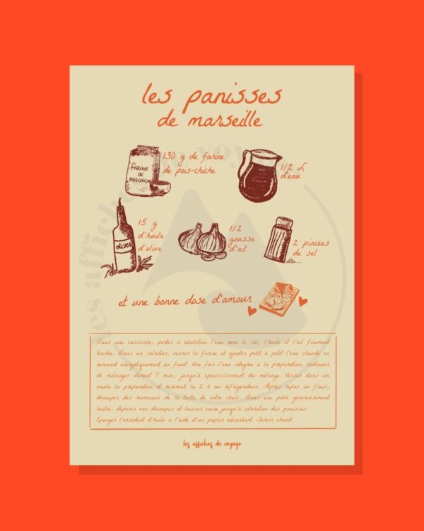 Affiche recette Les panisses de Marseille, écriture orange et illustrations rouges sur fond beige.
