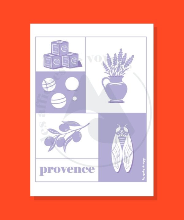 Affiche illustrée de Provence au style minimaliste violet et blanc, représentant un savon de Marseille, un bouquet de lavande, des boules de pétanque, une branche d’olivier et une cigale, sur fond graphique épuré.