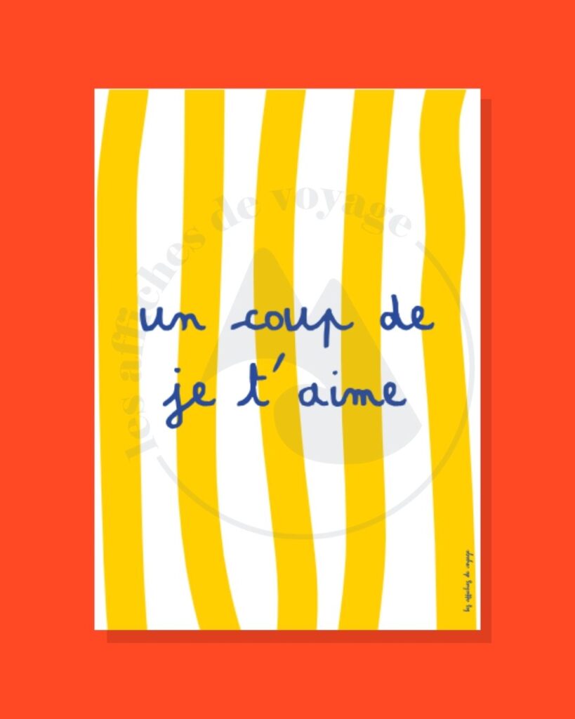Affiche typographique Un coup de je t’aime – expression romantique et solaire en rayures jaunes et blanches