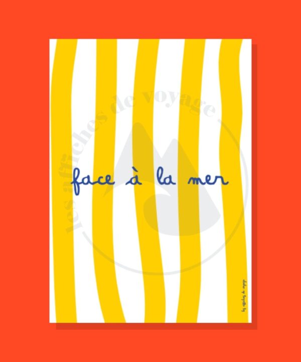 Affiche typographique Face à la mer – expression méditerranéenne sur rayures jaunes et blanches