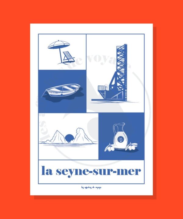 illustration de la seyne sur mer dans le Var, avec symboles phares : les deux frères, l'huile d'olive, le bateau, la plage des sablettes et le pont des chantiers