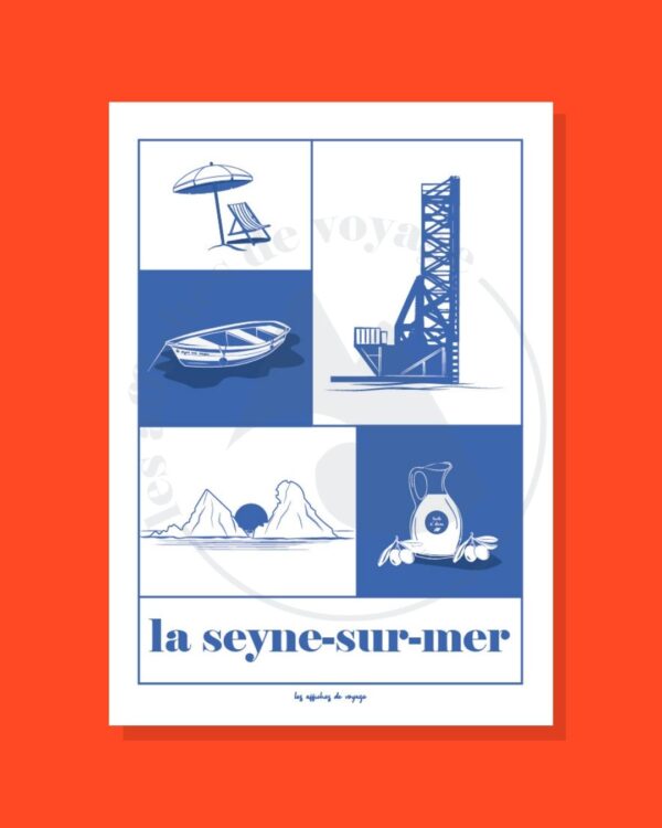 illustration de la seyne sur mer dans le Var, avec symboles phares : les deux frères, l'huile d'olive, le bateau, la plage des sablettes et le pont des chantiers