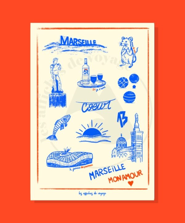 Affiche Marseille illustrée avec symboles emblématiques de la ville : Vieux-Port, Bonne Mère, soleil et expressions locales, style graphique bleu et rouge.