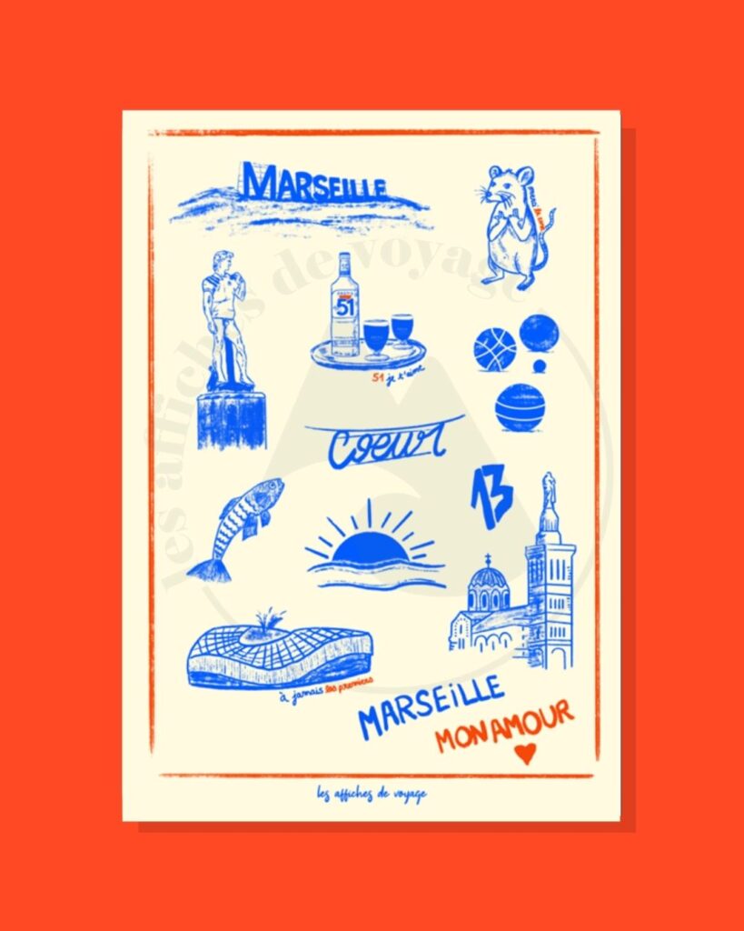 Affiche Marseille illustrée avec symboles emblématiques de la ville : Vieux-Port, Bonne Mère, soleil et expressions locales, style graphique bleu et rouge.