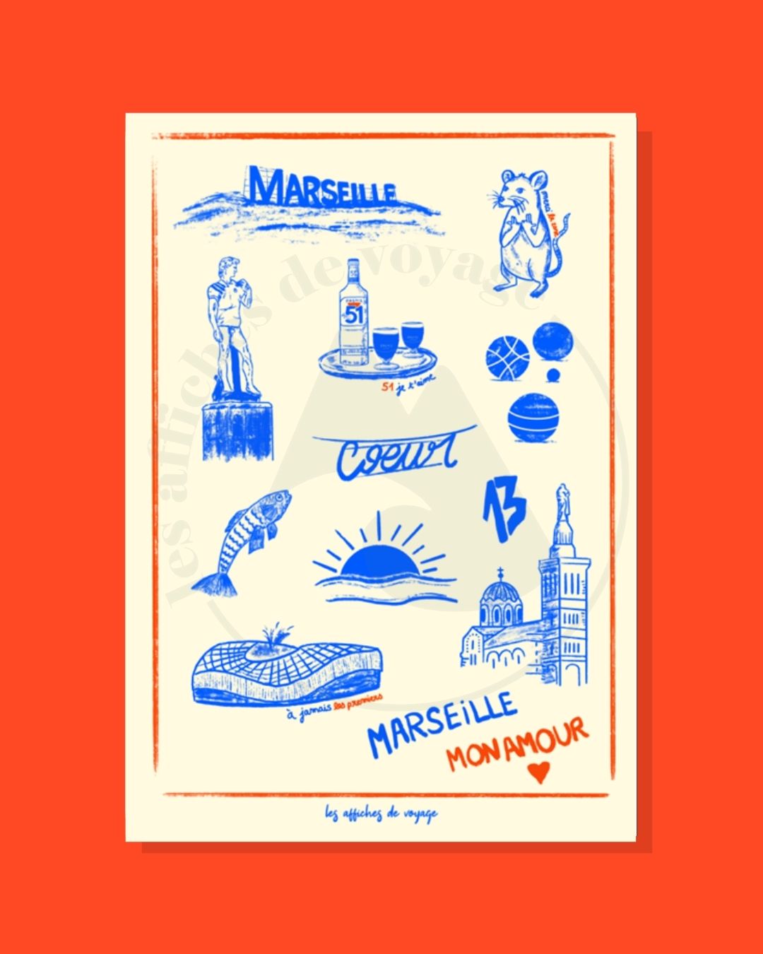 Affiche Marseille illustrée avec symboles emblématiques de la ville : Vieux-Port, Bonne Mère, soleil et expressions locales, style graphique bleu et rouge.