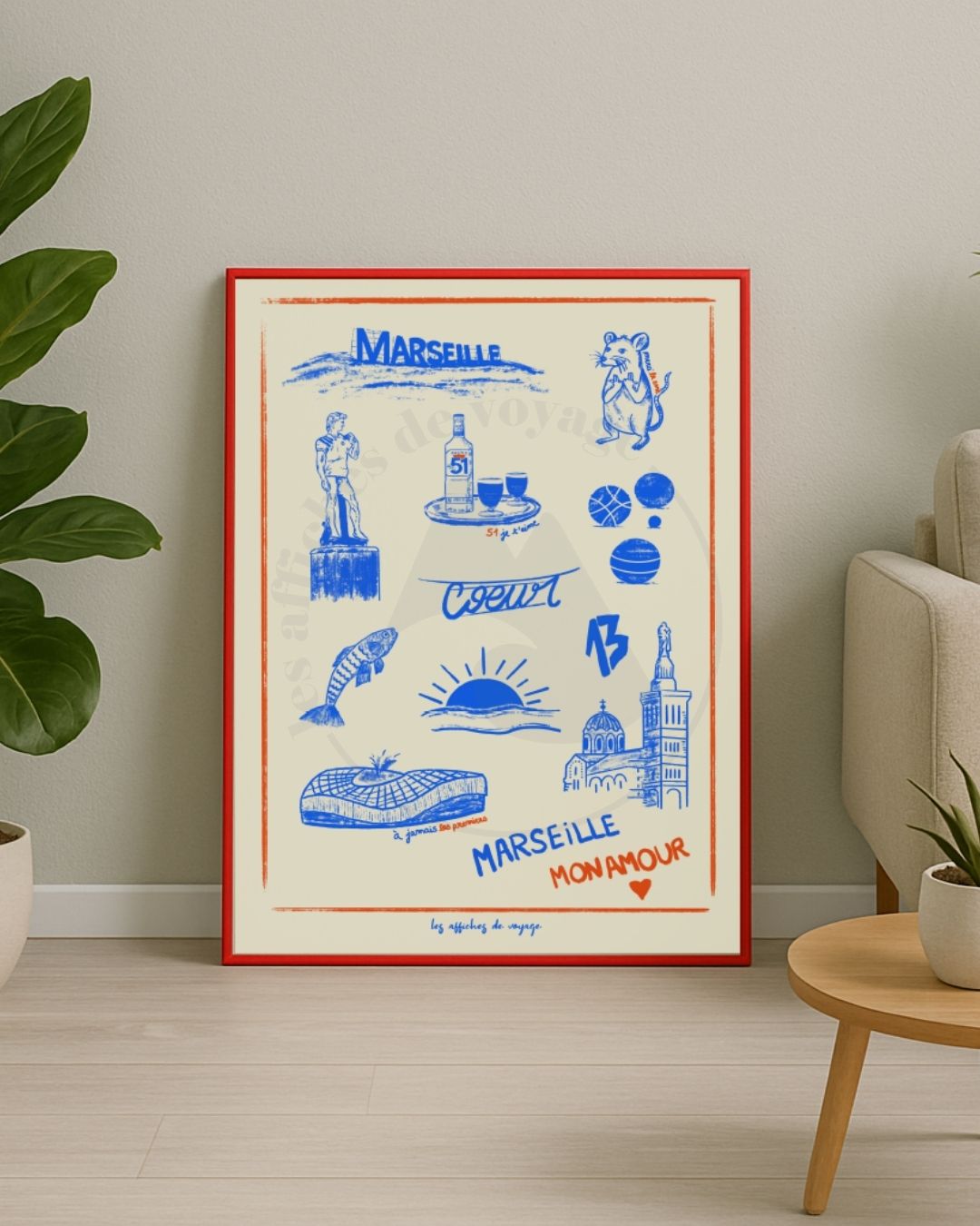 Affiche Marseille mon amour encadrée dans un intérieur moderne, illustration artisanale inspirée du Sud, idéale pour une décoration murale chaleureuse et locale.