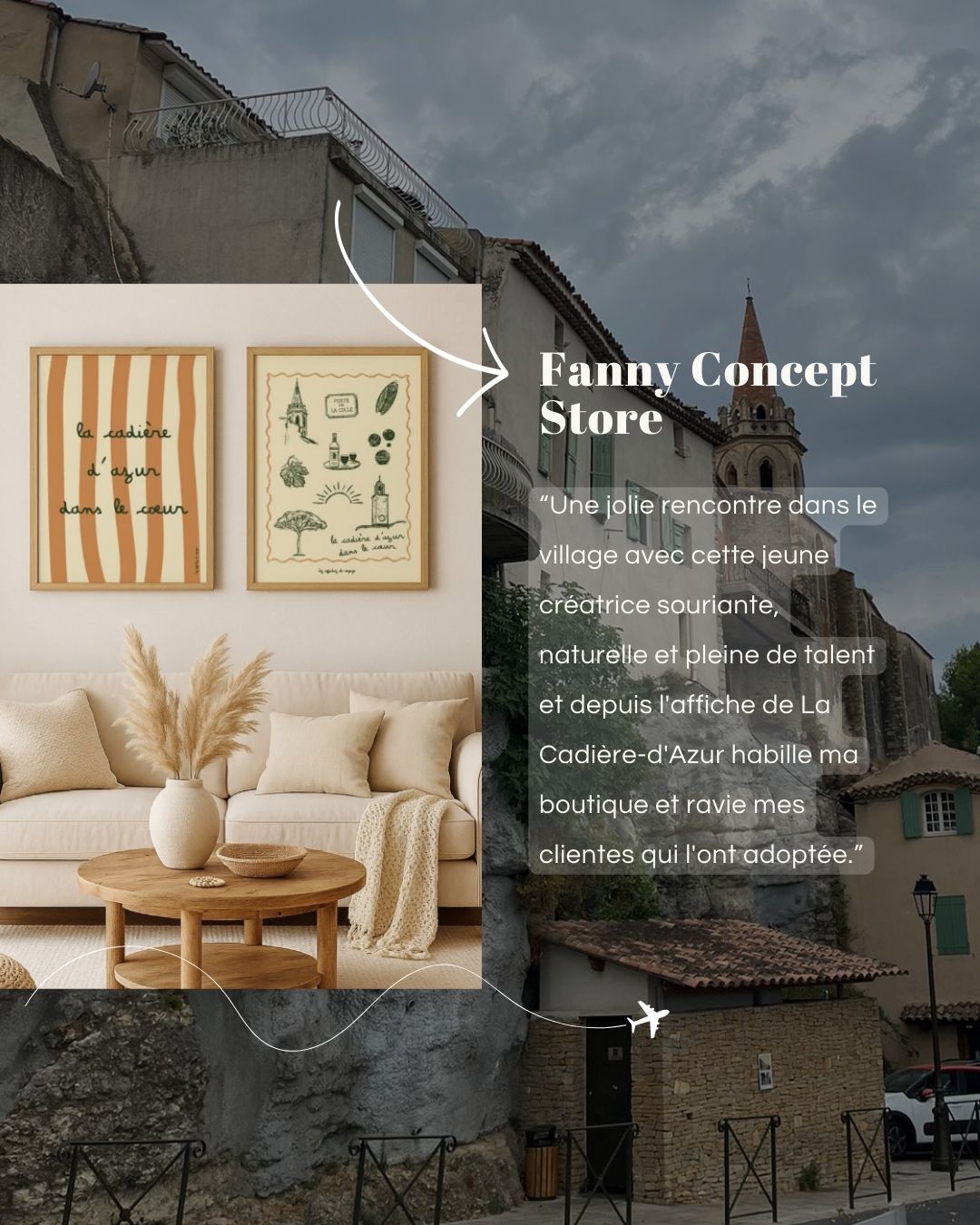 Montage avec deux affiches encadrées “La Cadière-d’Azur” au-dessus d’un canapé dans un salon, sur fond de village provençal avec clocher, et avis client de Fanny Concept Store en surimpression.