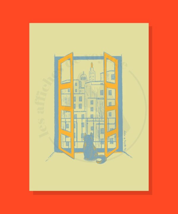 Affiche illustrée représentant une fenêtre ouverte sur Marseille avec un chat observant les toits de la ville et Notre-Dame de la Garde.