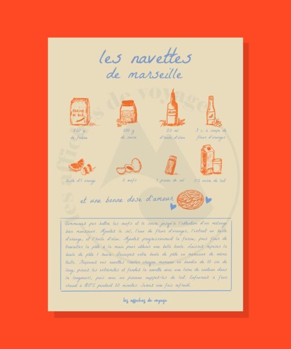 Affiche illustrée de la recette traditionnelle des navettes de Marseille avec ingrédients, dessins vintage et typographie manuscrite provençale.