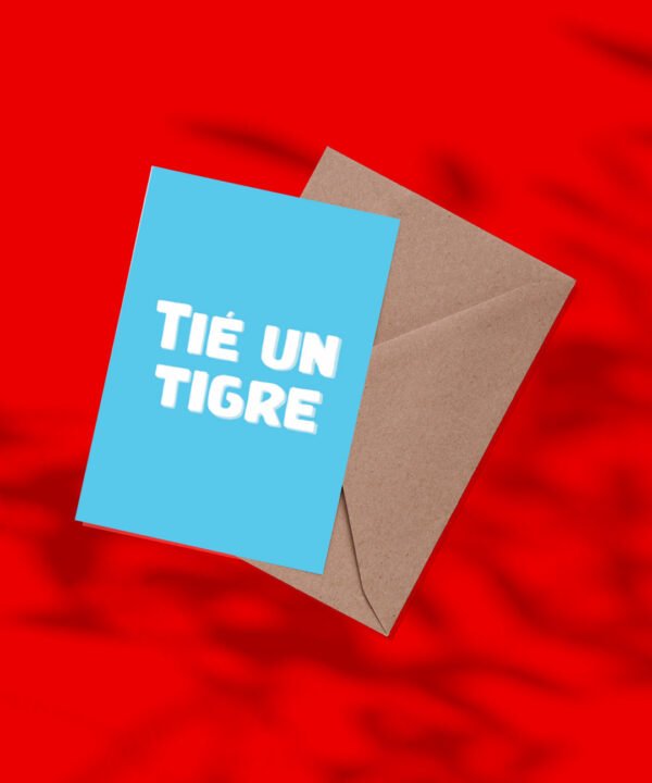 Carte de voeux Tié un tigre écriture blanche sur fond bleu avec enveloppe
